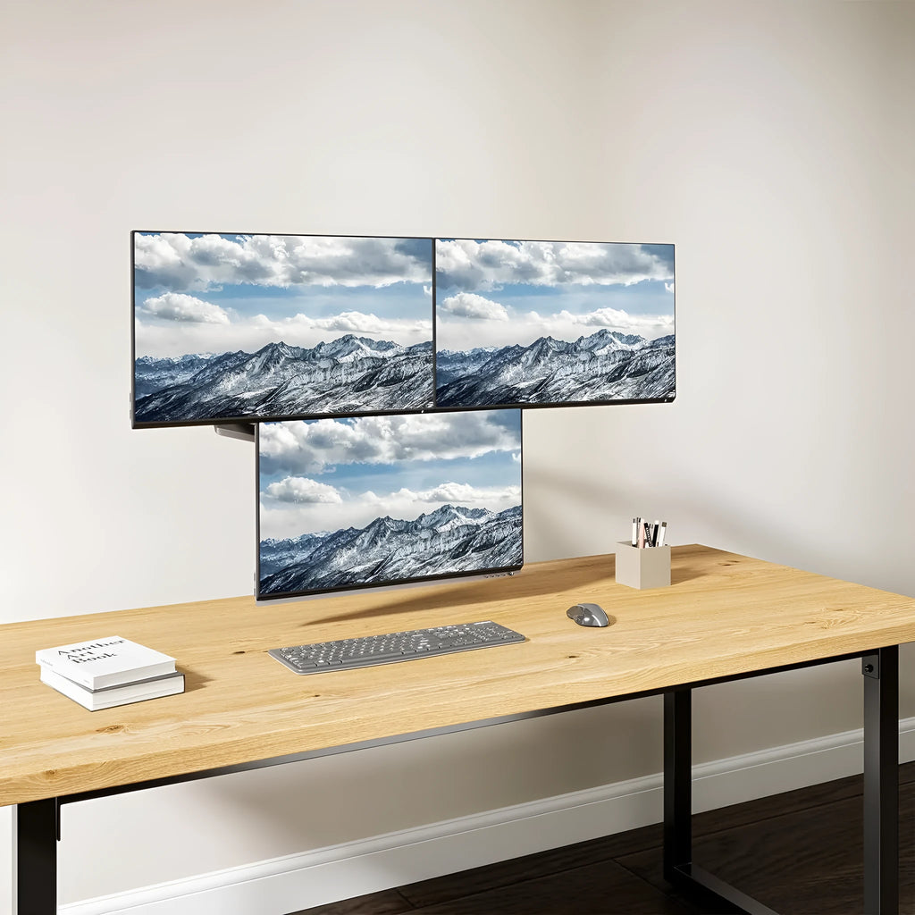 Black three-arm gas spring monitor mount for 13 to 27-inch computer screens