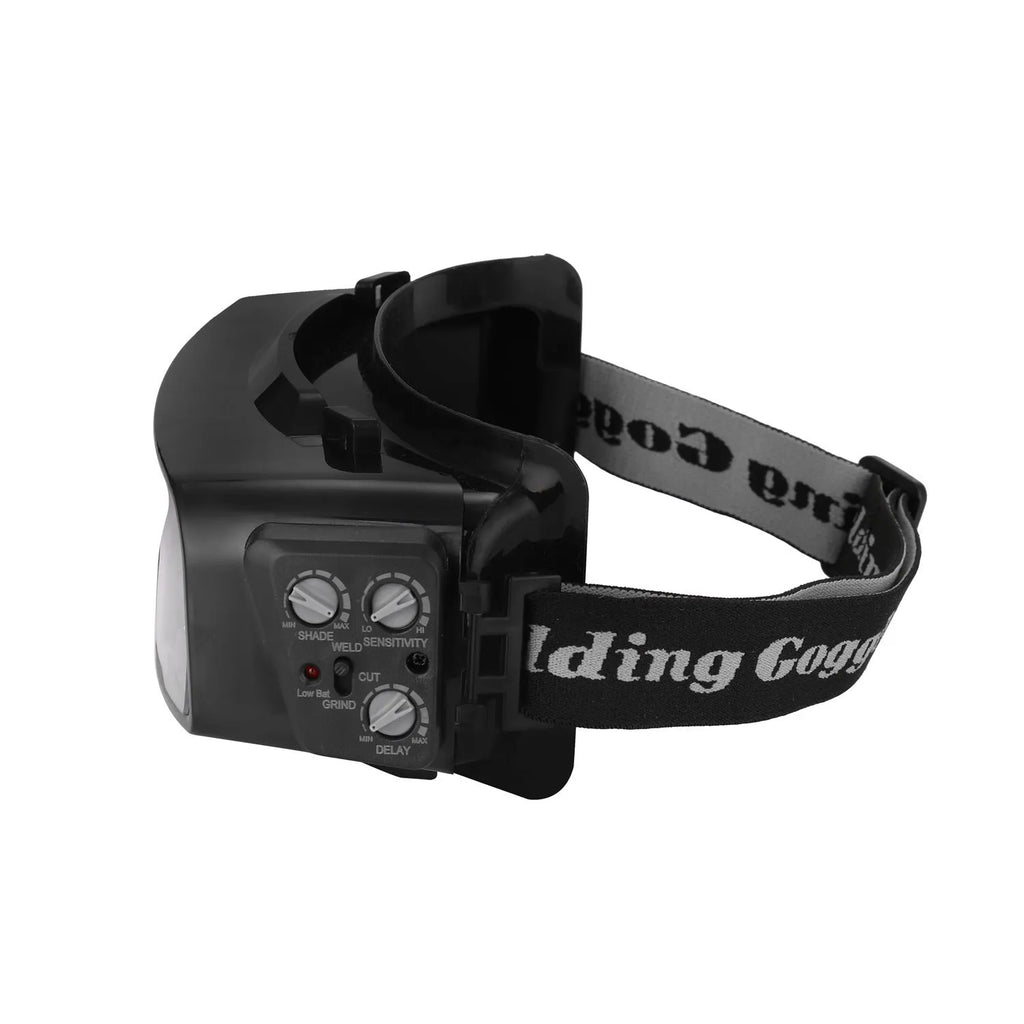 Black automatic darkening welding mask with a large rectangular lens for arc welding protection.