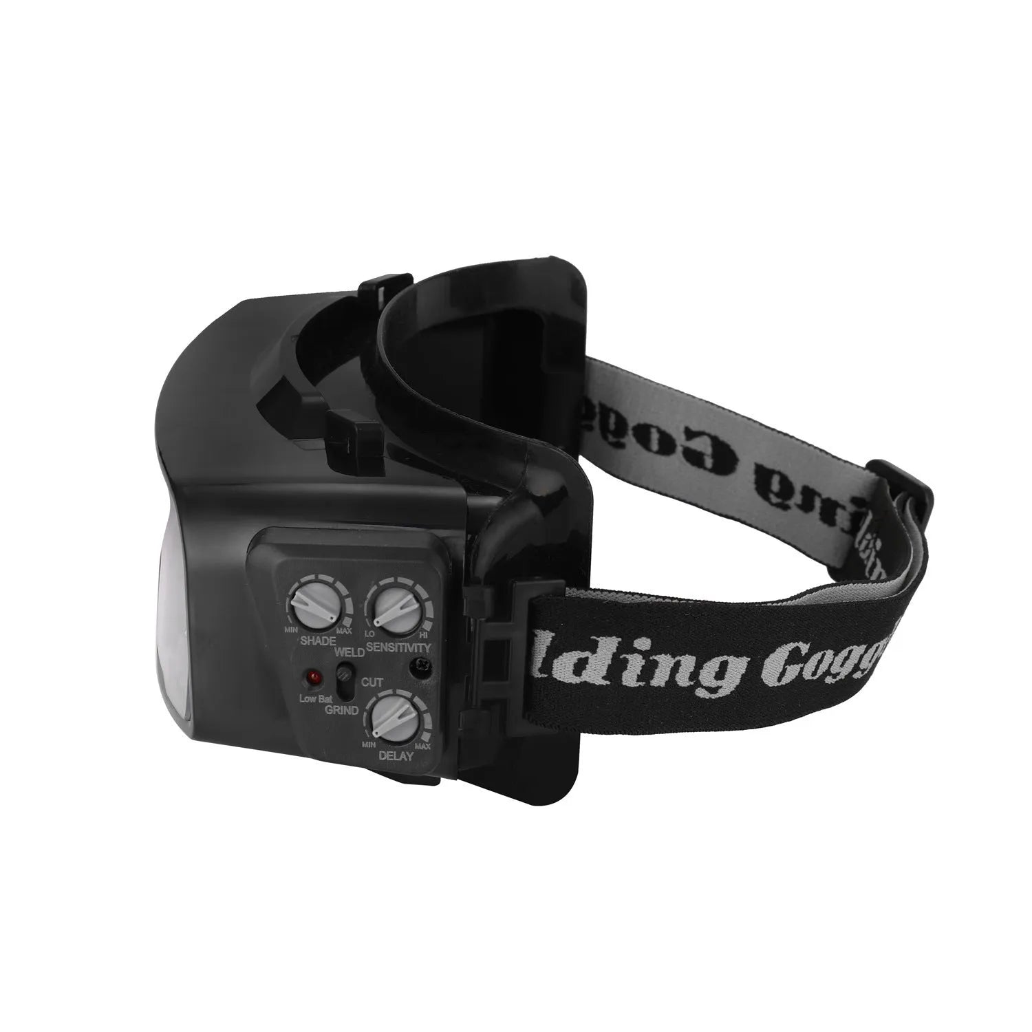 Black automatic darkening welding mask with a large rectangular lens for arc welding protection.