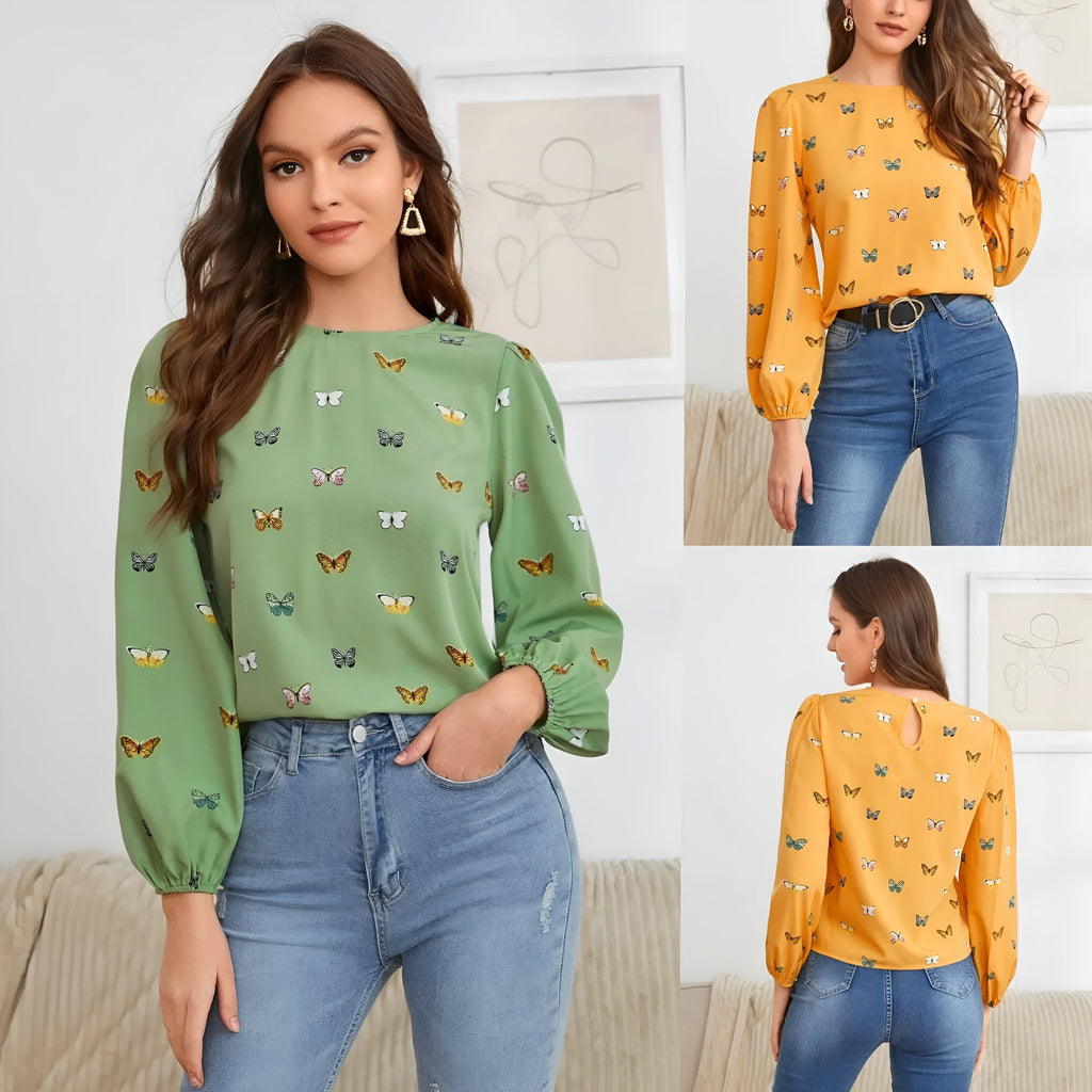 Women's green long-sleeved shirt with butterfly print pattern and loose fit.