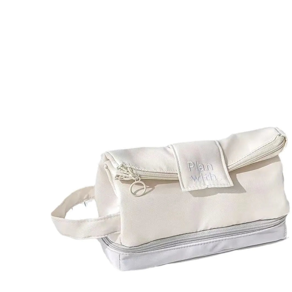 Folding double-layer student pencil case with two compartments and zippered closure in beige, blue, or navy blue colour
