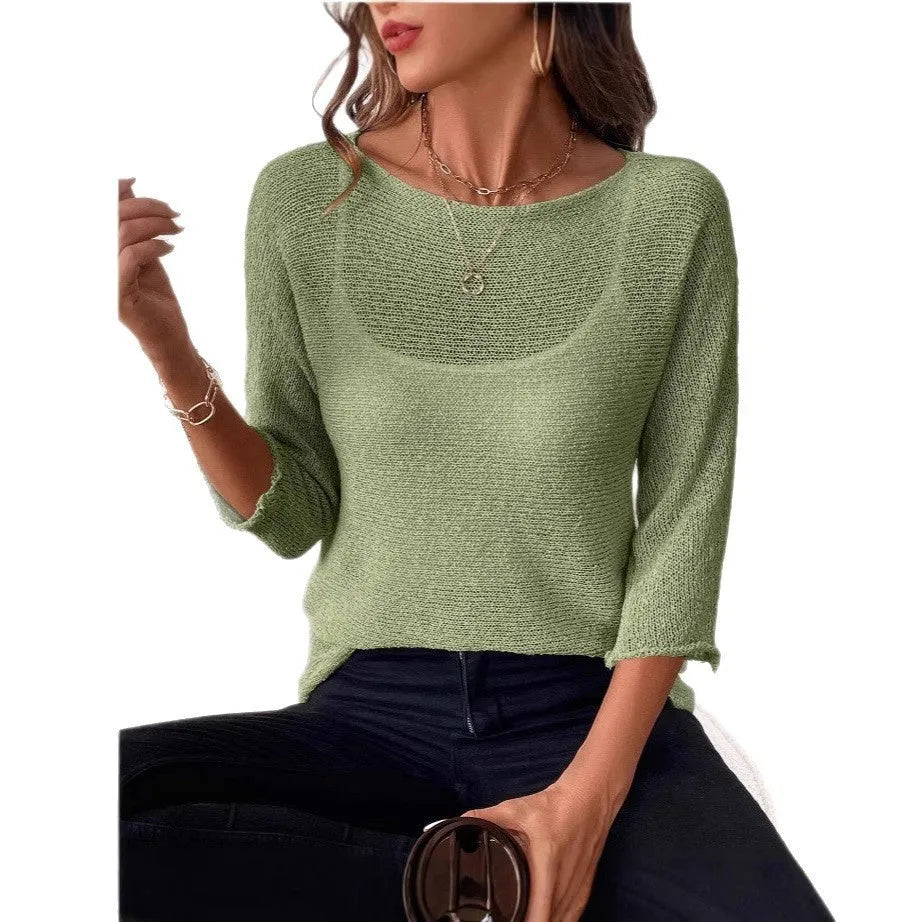 Knitted women's off-shoulder top with 3D pattern in thin polyester fabric for spring summer wear