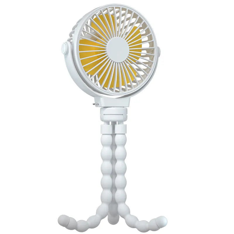 Black flexible octopus tripod clip-on fan with 3 blades and a 2000mAh battery pack.