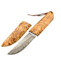 White Shadow Damascus pattern camping knife with Thuja wood handle, showing full 18cm length.