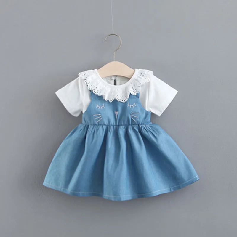 Summer solid colour blue cotton dress with rabbit ears and denim fake two-piece design for girls, front view
