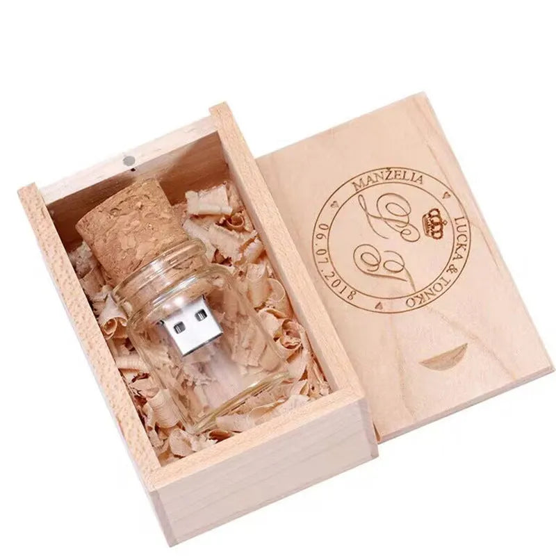 Transparent bottle-shaped USB flash drive on a wooden surface.