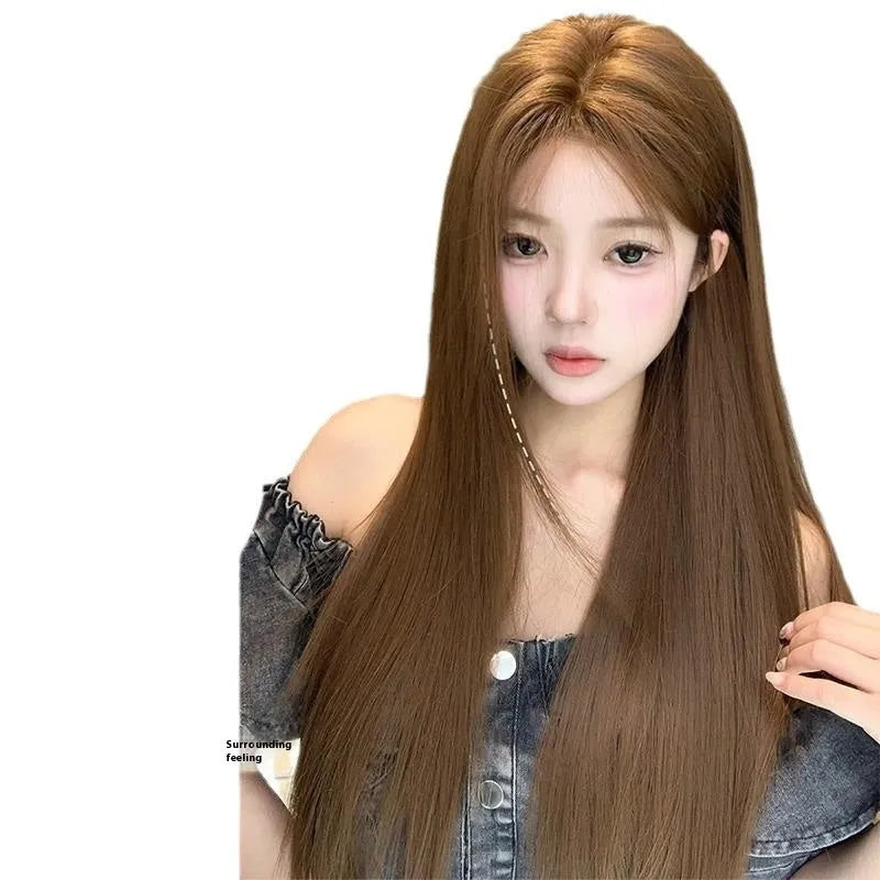 Long straight warm brown wig with centre-parted bangs and lace front construction
