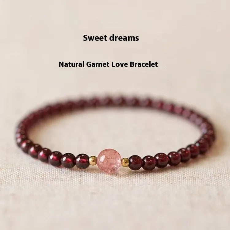 Simple U-shaped natural garnet bracelet for women, shown in garnet and dream garnet colour options with 4mm and 6mm bead sizes.