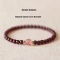 Simple U-shaped natural garnet bracelet for women, shown in garnet and dream garnet colour options with 4mm and 6mm bead sizes.