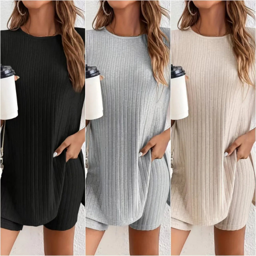 Women's black cotton crew neck short sleeve top and shorts lounge set on hanger