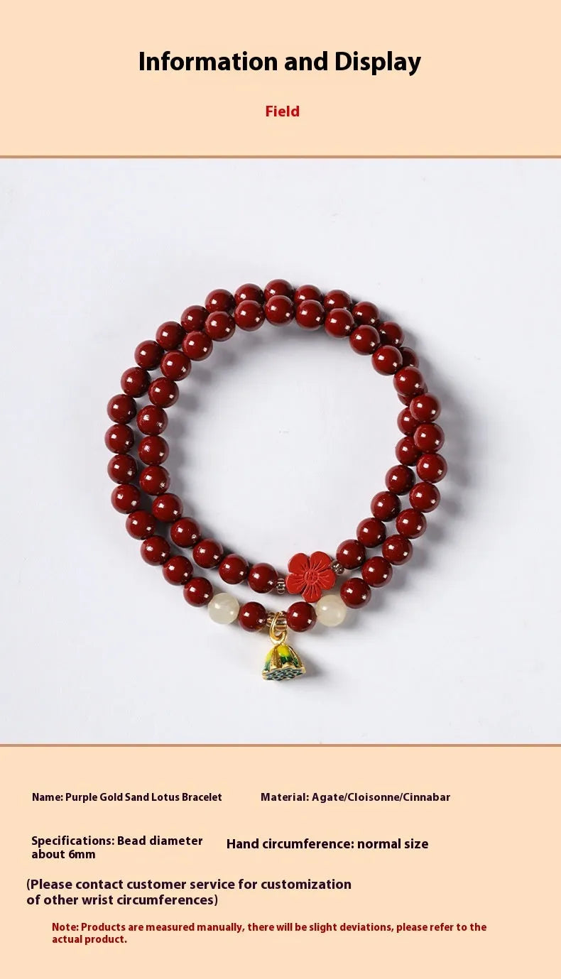 Close-up of a hand-woven double circle bracelet made with purple gold sand beads and a lotus seedpod charm.