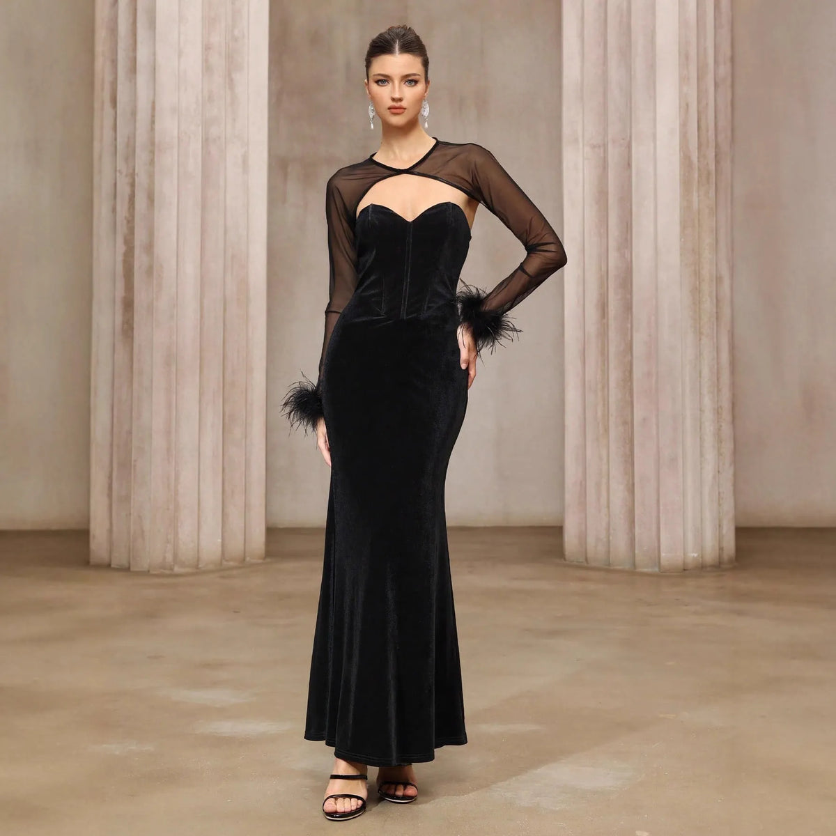 Black velvet tube dress and semi-transparent mesh top two-piece set with mid waist, mid-length skirt and lace detail