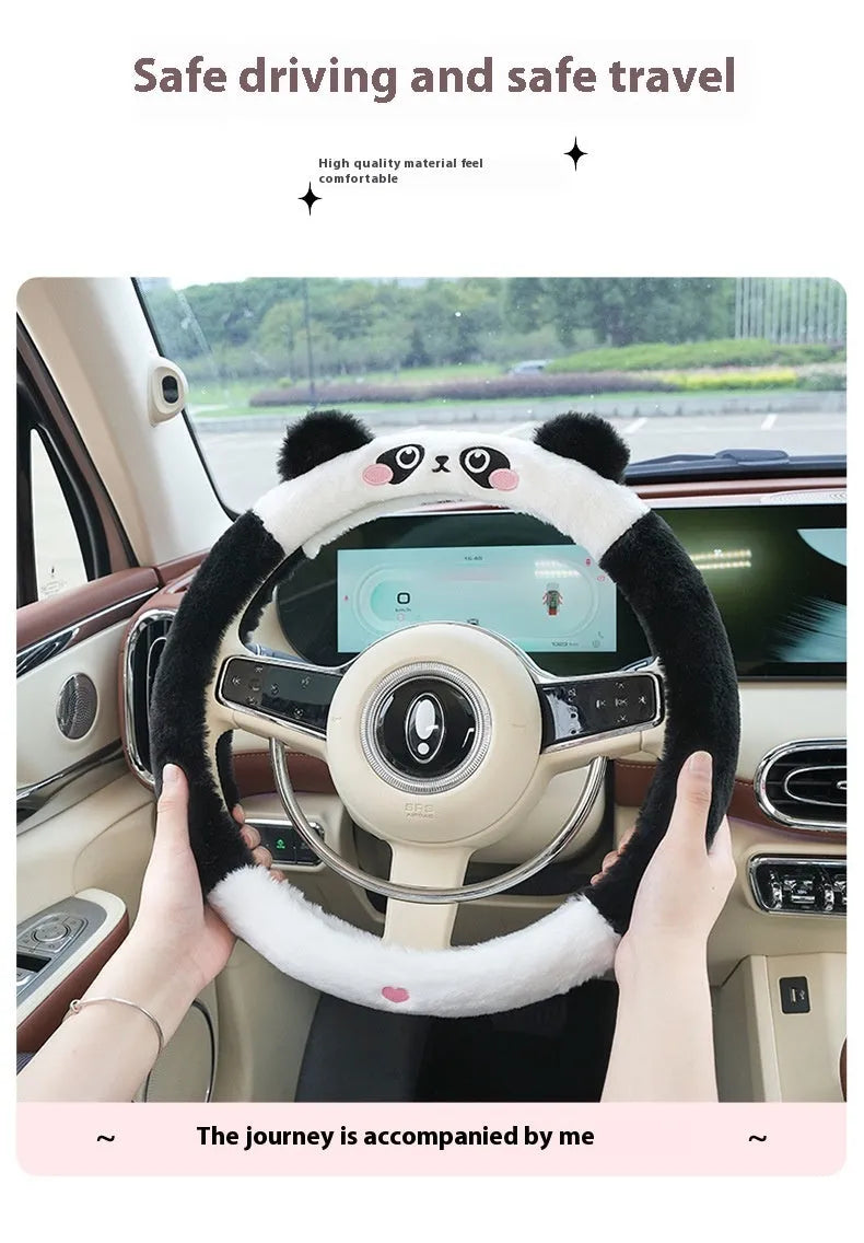Plush cartoon animal embroidered thermal steering wheel cover for winter, shown fitted on a 38cm car steering wheel.