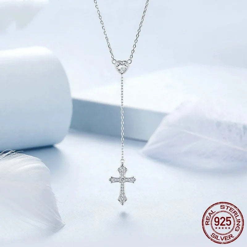 Women's silver V-neck love cross necklace with O-ring chain in BSN384 colour