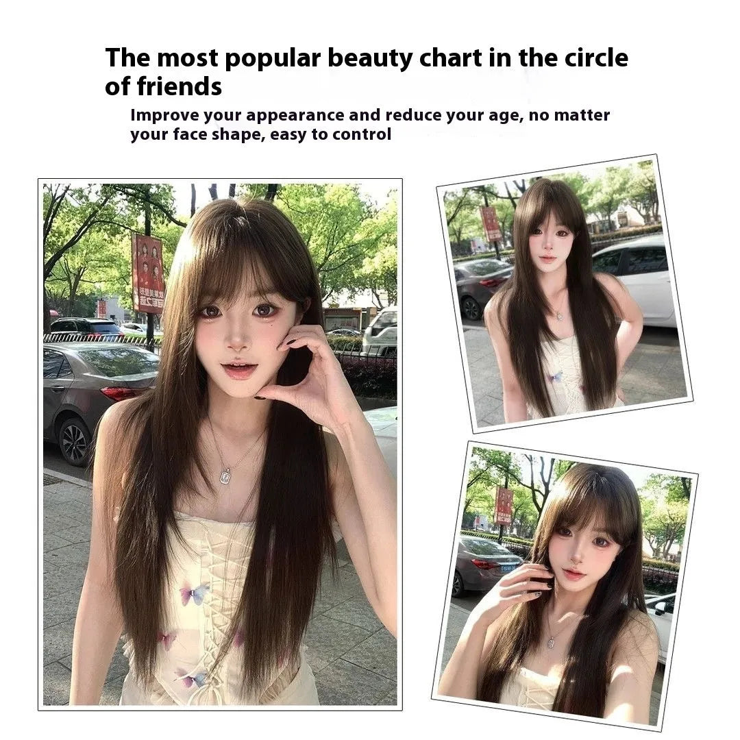 Brown black high-temperature fibre wig with head cover included in seven-piece set