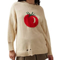 Women's loose-fitting milky white acrylic sweater with Jacquard knit texture and round neck.