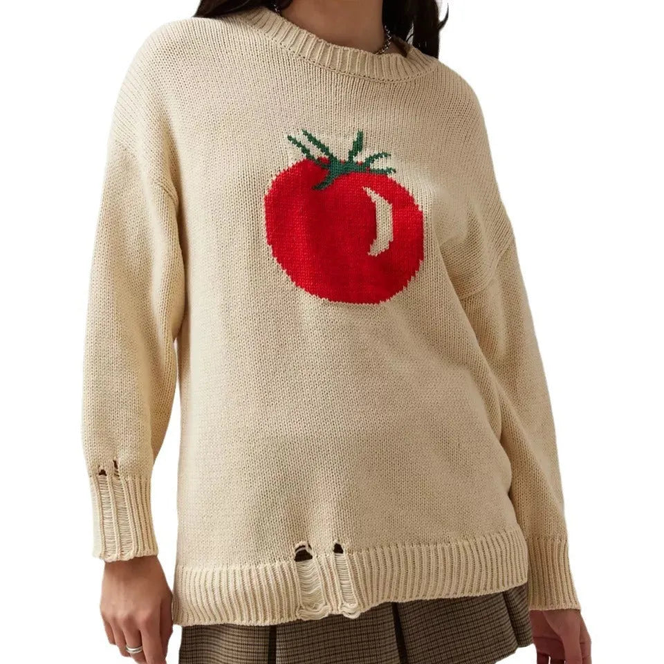 Women's loose-fitting milky white acrylic sweater with Jacquard knit texture and round neck.