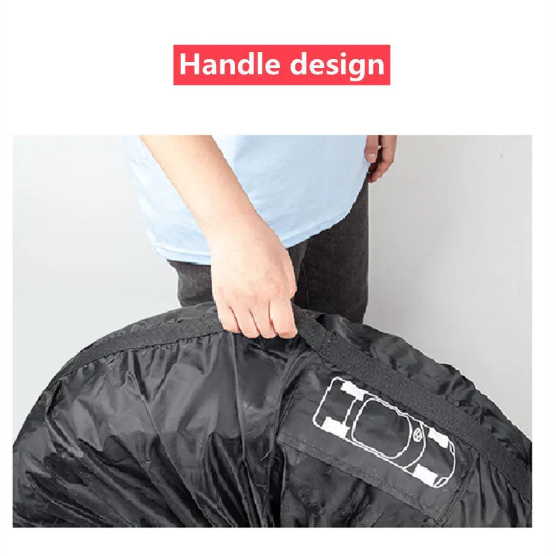 Set of four black Oxford cloth tyre protective covers with red belt closures laid flat.