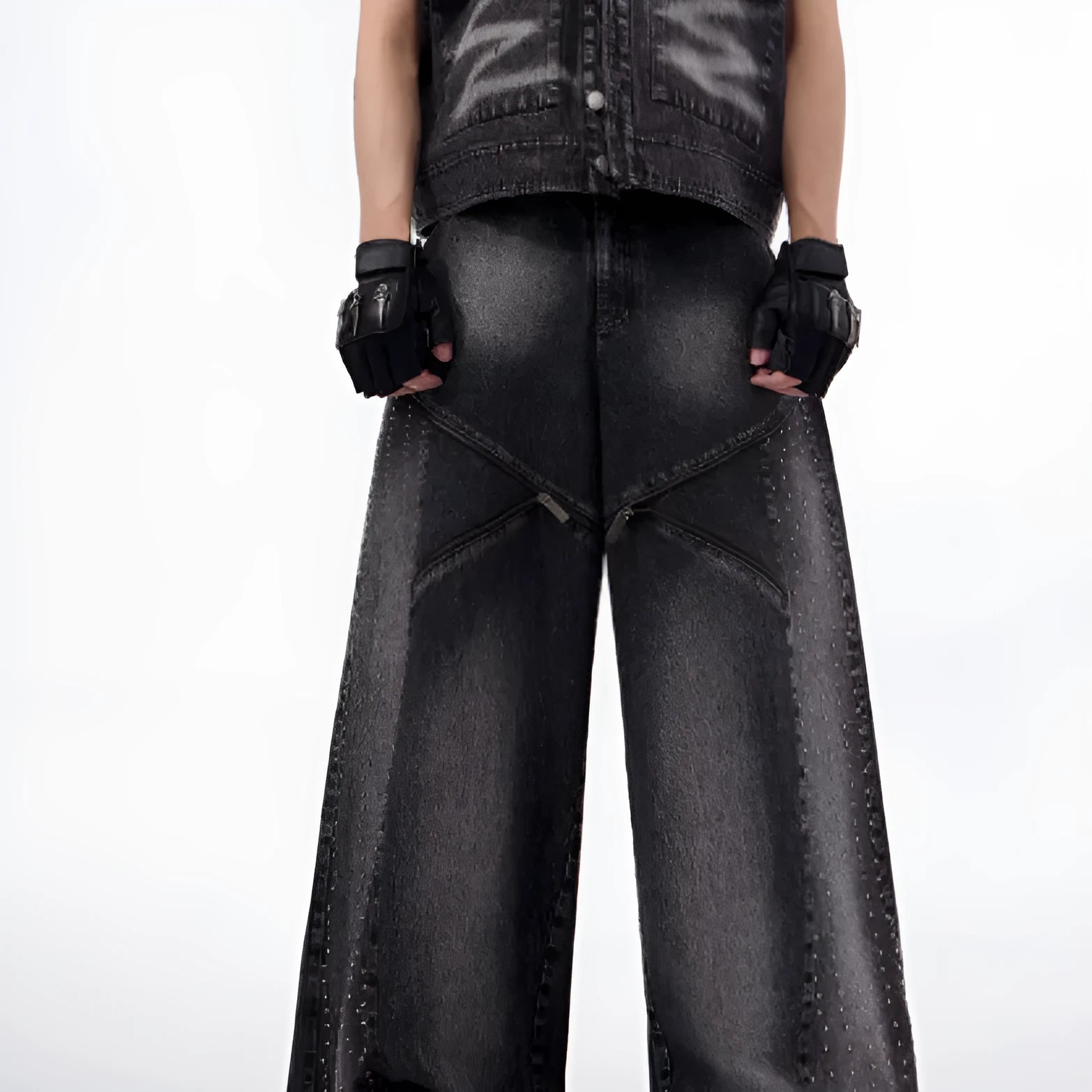 Black and grey Korean-style wide leg denim trousers with matching vest top laid flat.