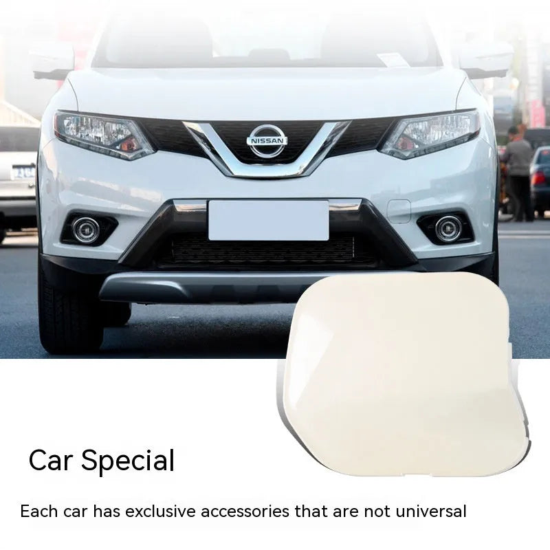 Nissan Qashqai front bumper replacement part in plastic, showing hook and rope cover plate.