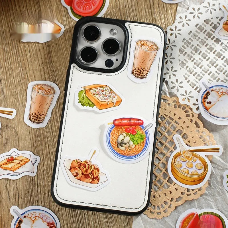 Box-packed Night Market snacks retro style printed adhesive sticker set with 46 pieces