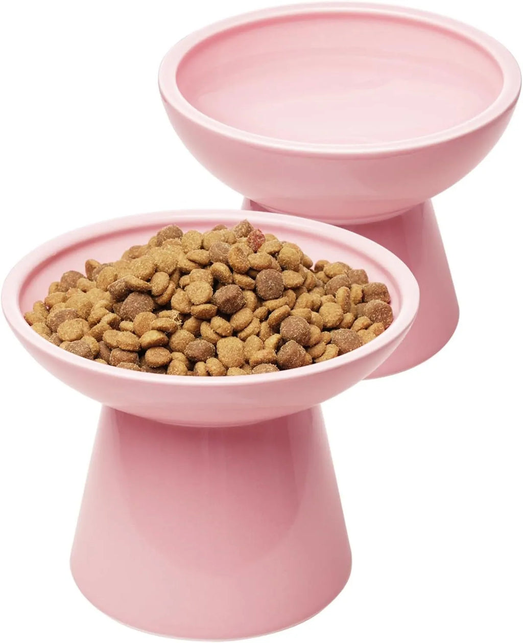 Extra wide ceramic elevated cat food bowl set in blue colour with shallow design