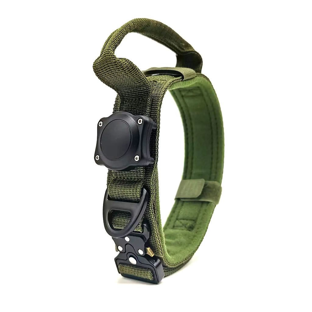 Tactical waterproof dog collar with positioning ring in polyester, available in army green, black and khaki colours