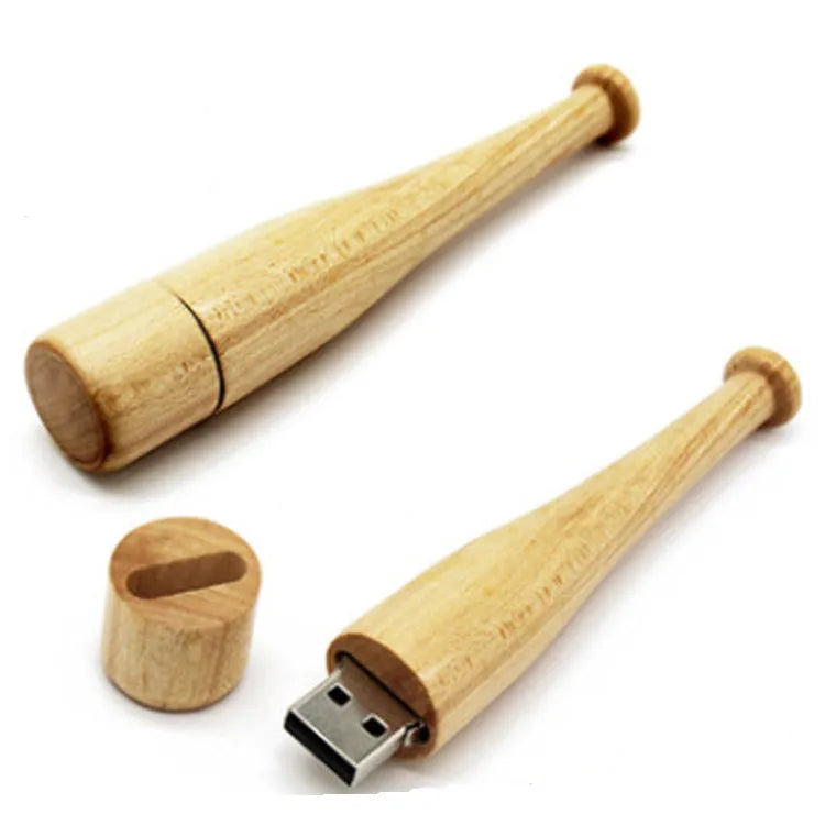 Wooden baseball bat shaped USB flash drive with 16GB storage capacity on wooden surface