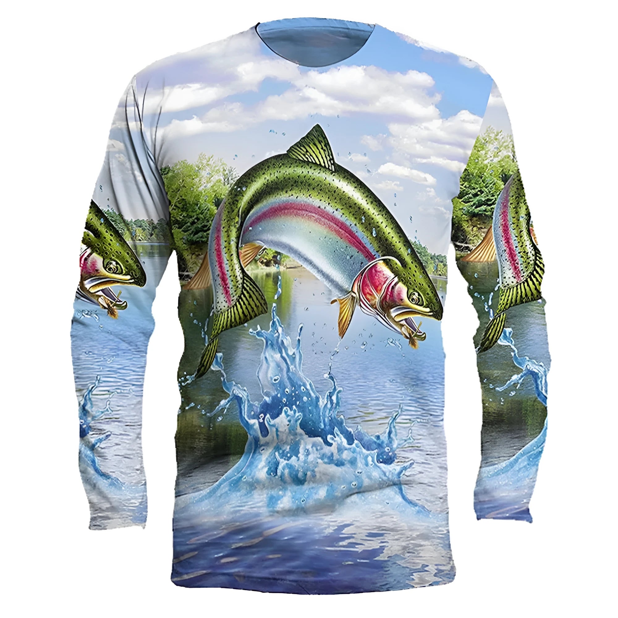 Men's long-sleeved grey pullover with a detailed all-over fish print design, round neck.