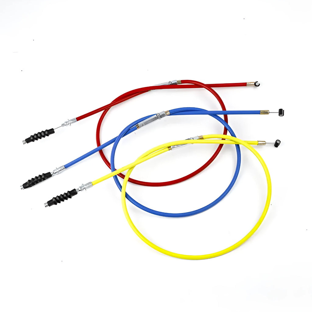 0.98 metre motorcycle clutch and accelerator cable set in black, blue, red, and yellow for 110-125cc scramblers.