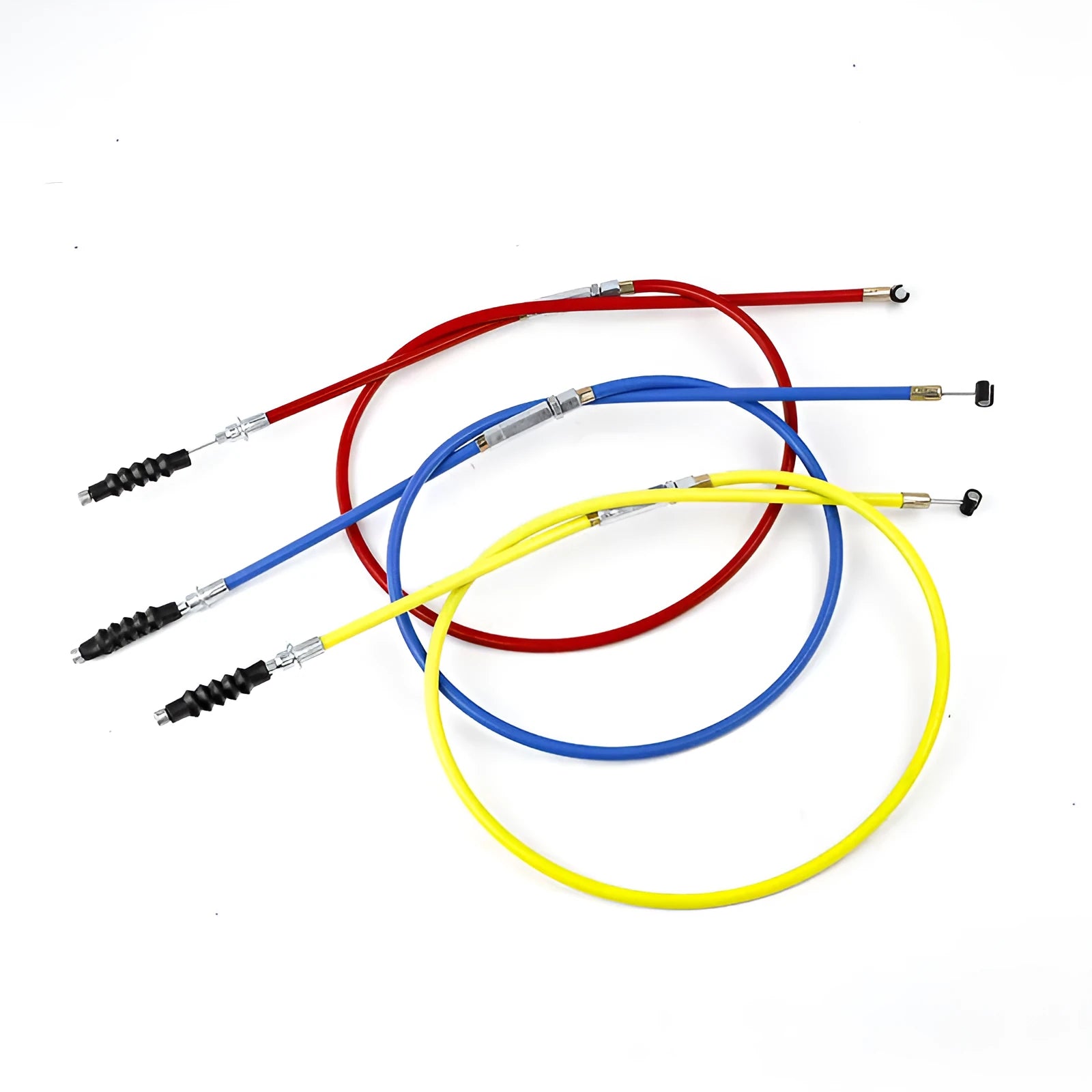 0.98 metre motorcycle clutch and accelerator cable set in black, blue, red, and yellow for 110-125cc scramblers.
