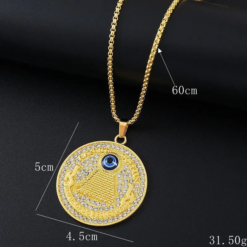 Geometric gold pendant necklace with diamond-cut zircon detailing on alloy material