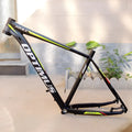 Black green 29-inch aluminium mountain bike frame showing disc brake mounts and inner line routing