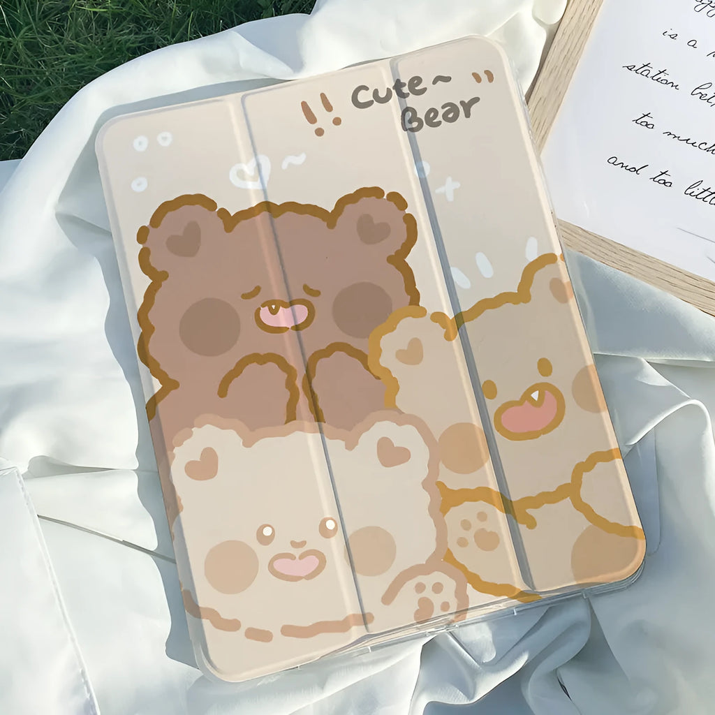 Silicone iPad tri-fold case with a cartoon rabbit design, laid flat.