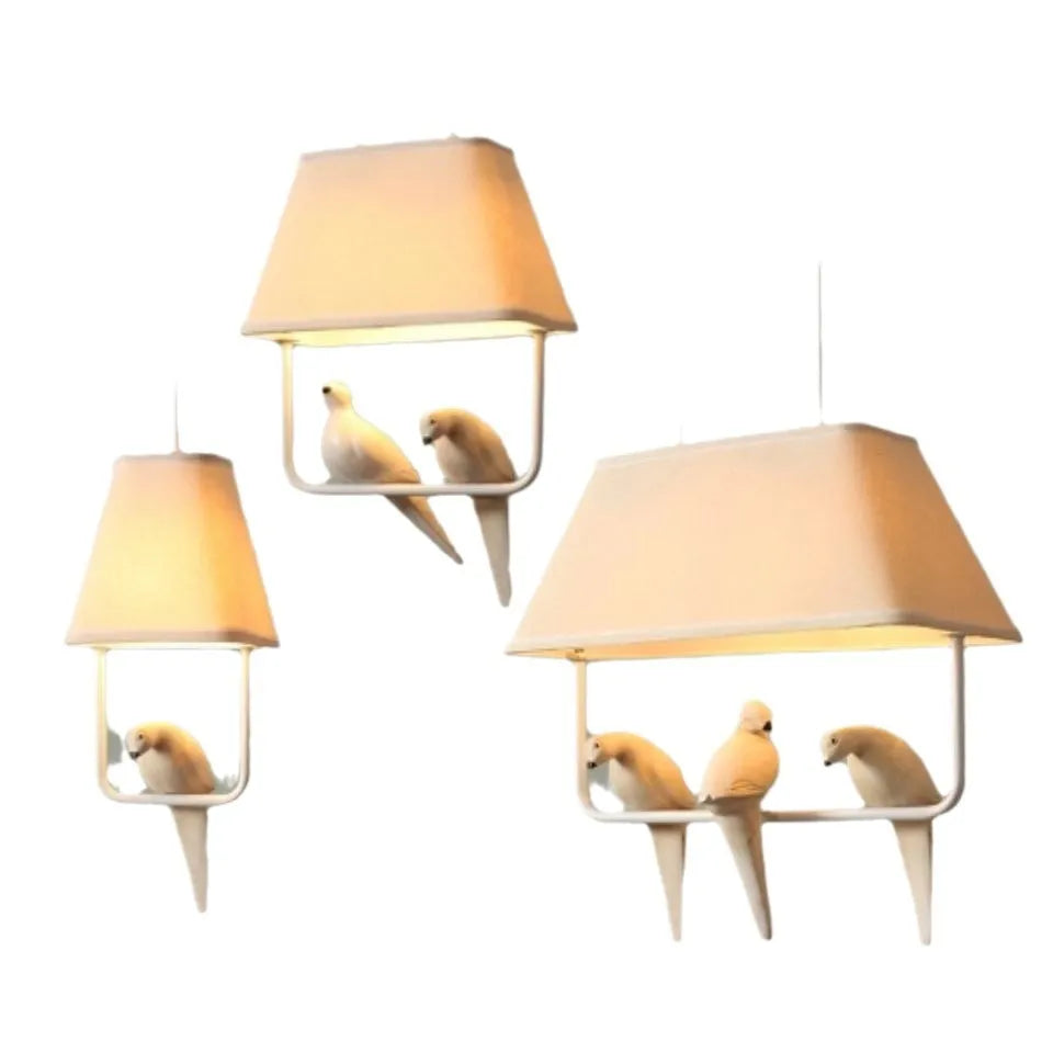 Bird chandelier ceiling lamp with iron frame and fabric shade in dining room setting