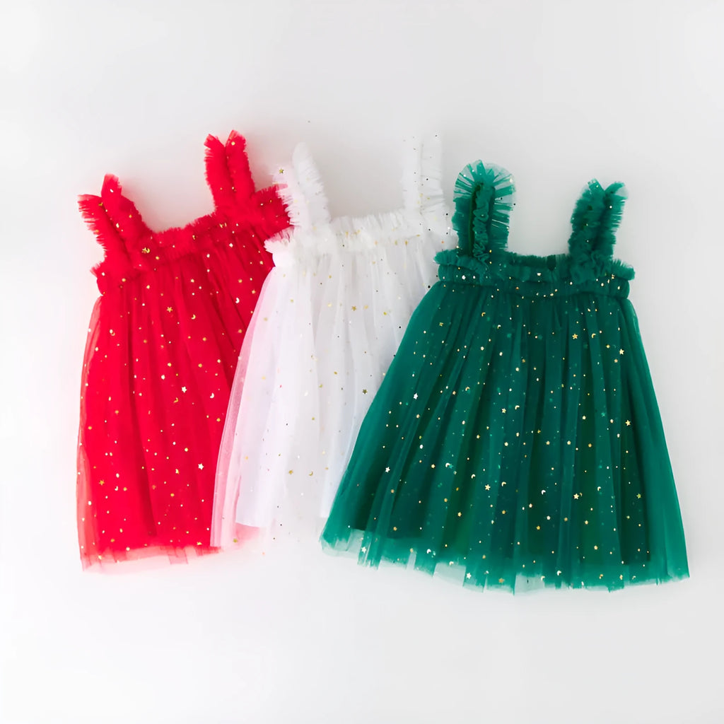 Child's new Christmas strapless dress in green, red, and white, acrylic fibre, sling style, size 100cm
