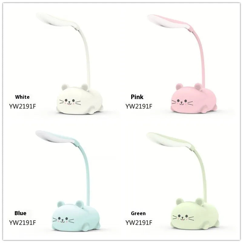 Cartoon kitten learning table lamp with USB power, plastic shade, available in blue, green, pink, white