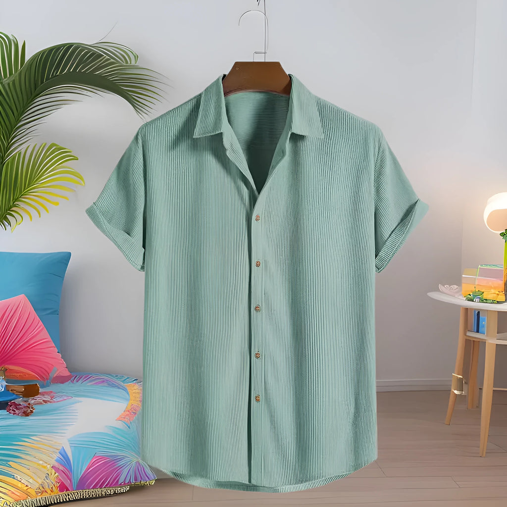 Men's short-sleeved casual polyester shirt on a hanger, shown in a GKESJ colour variant.