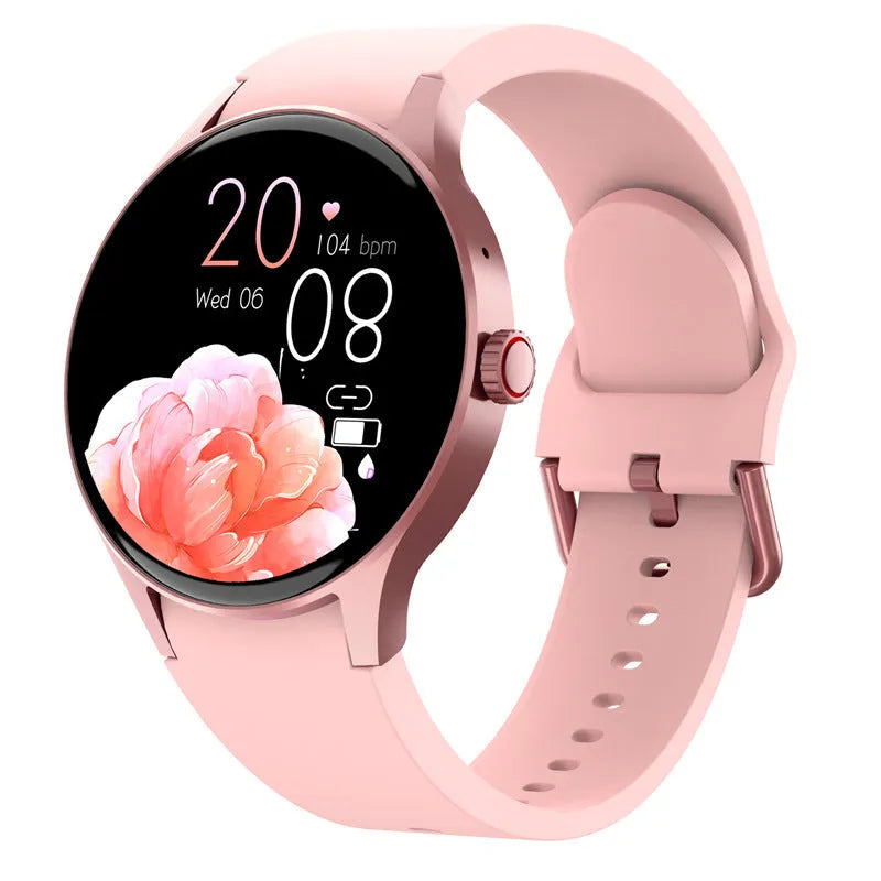 Smart Bluetooth sport watch with round display showing fitness metrics on black, blue, pink and red coloured variants