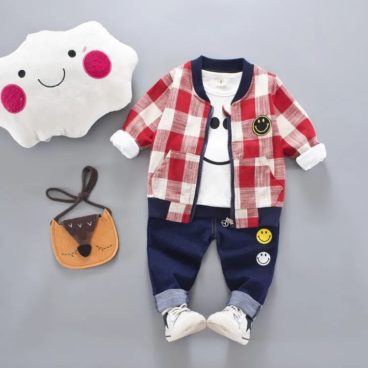 Children's long-sleeved cotton three-piece suit with openable pants in available colour options