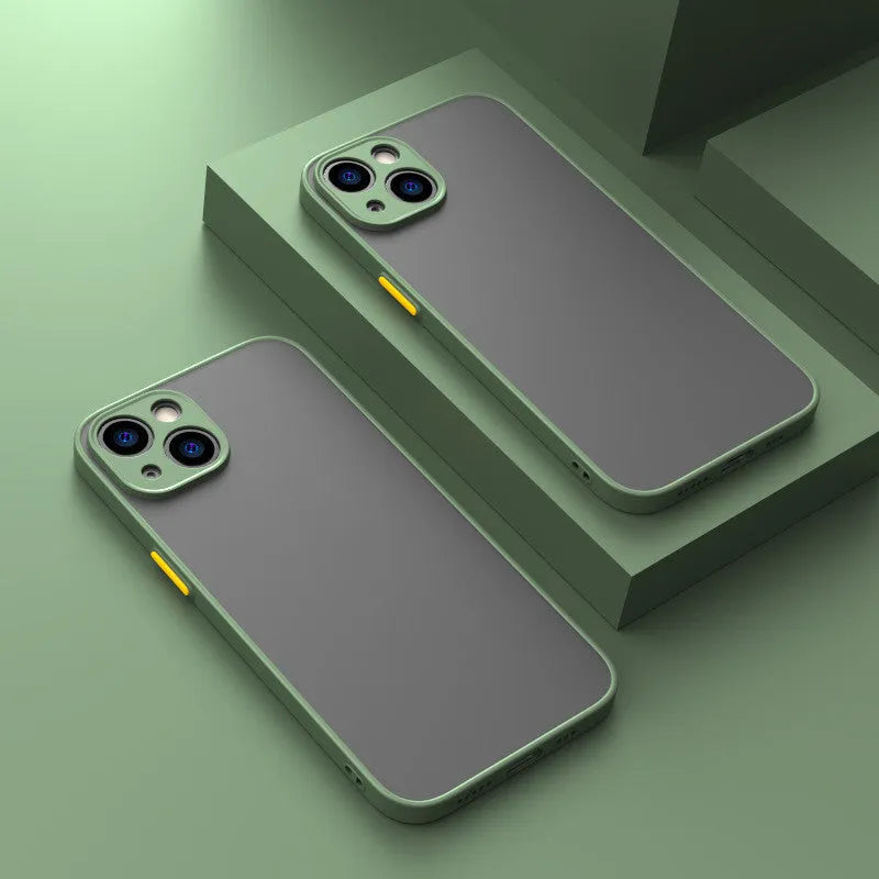 Fine hole frosted hard protective case for iPhone in black, dark green, or blue, showing slim profile and camera cut-out.