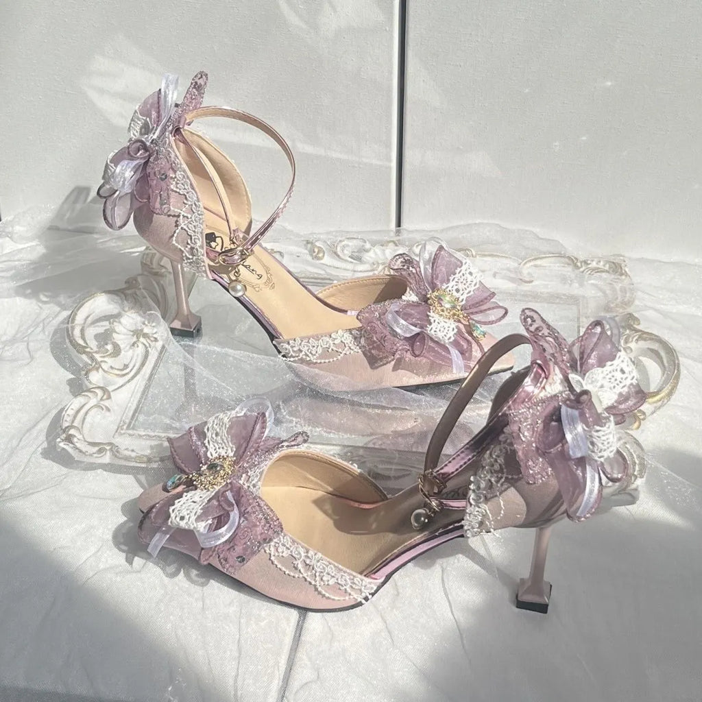 Purple satin Lolita wedding shoes with square toe brackets and stiletto heels