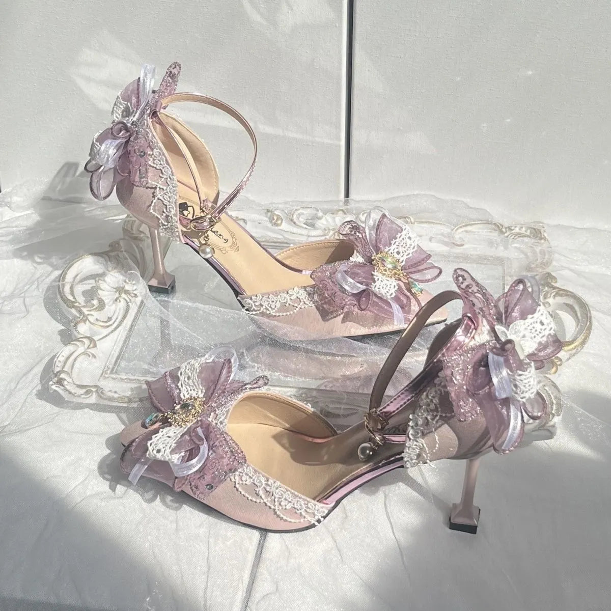 Purple satin Lolita wedding shoes with square toe brackets and stiletto heels