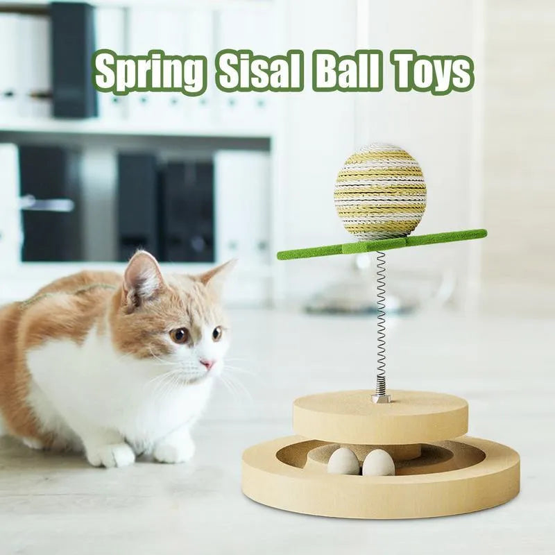 Green sisal cat toy with multi-layer ball track and rotating springs for indoor feline play