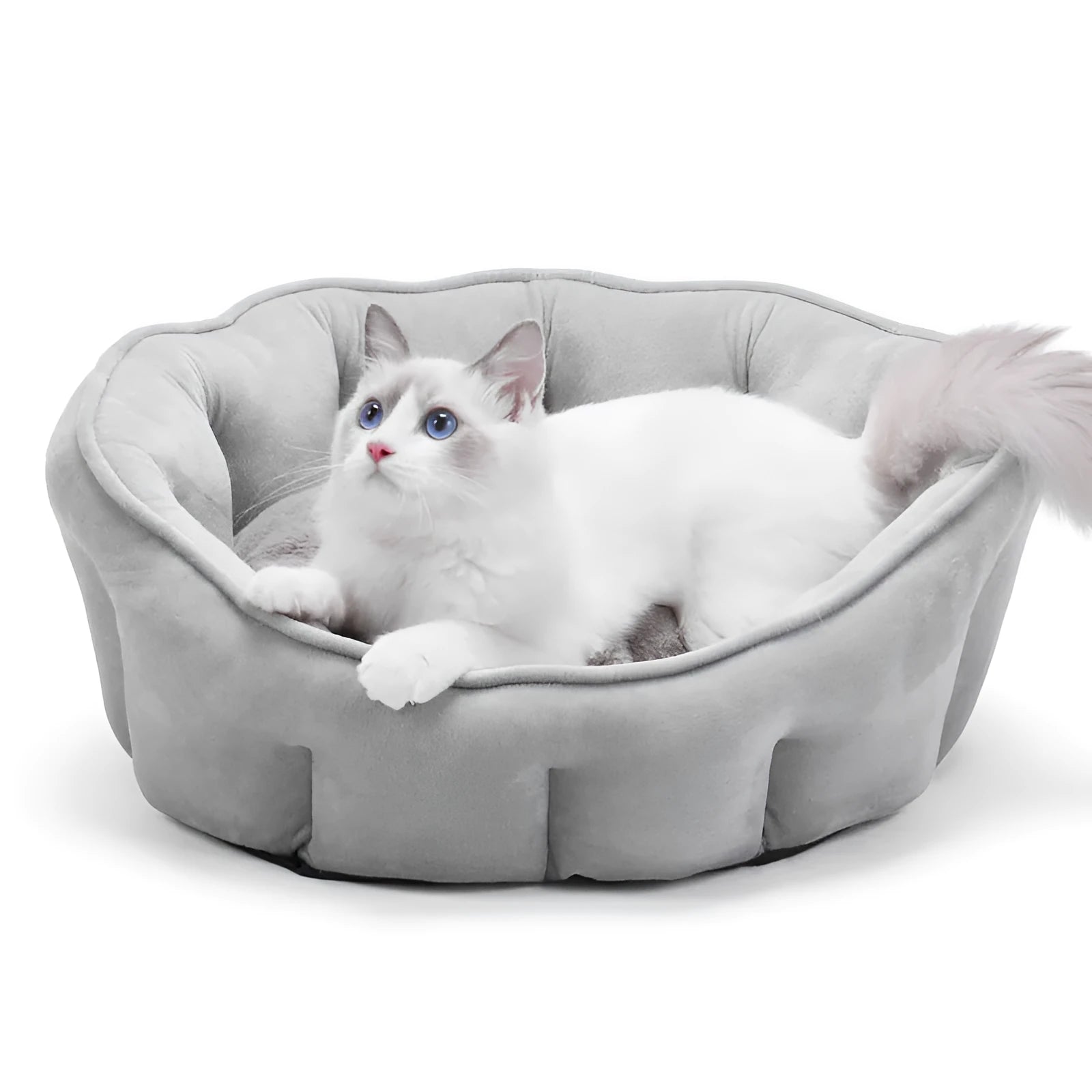 Grey plush cat kennel mat with a removable fabric house, an overhead hammock, and a base for a litter tray.
