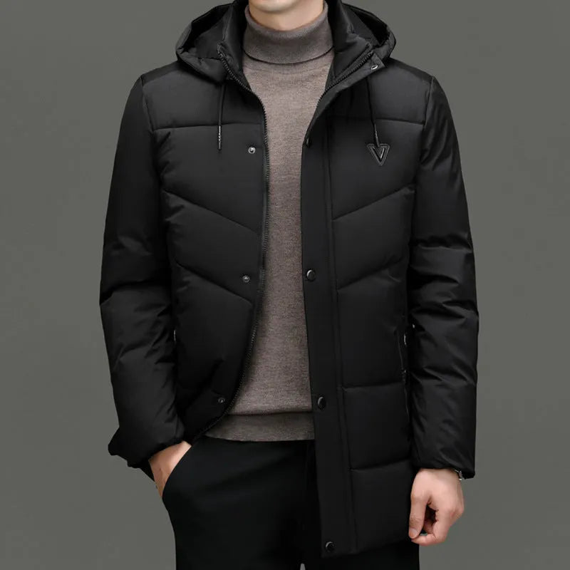 Men's extra thick down cotton-padded jacket in black, Korean casual cardigan style, regular fit, polyester fabric
