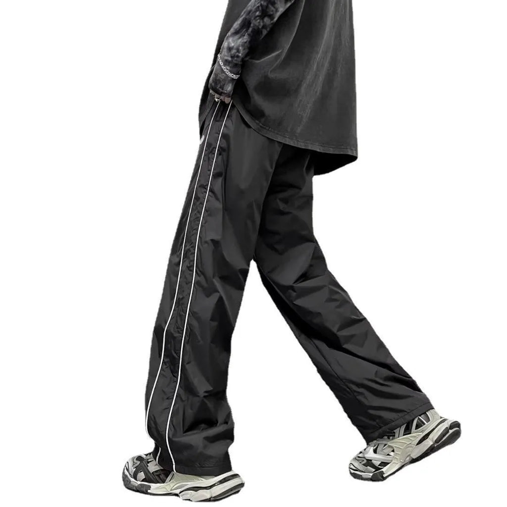 Men's ice silk wide leg striped casual pants in navy blue, mid waist, straight leg, summer loose trousers
