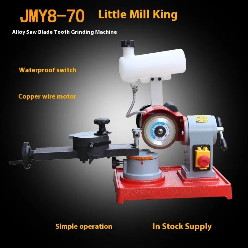 Small manual sharpedge grinding machine for alloy circular saw blades on a workbench.