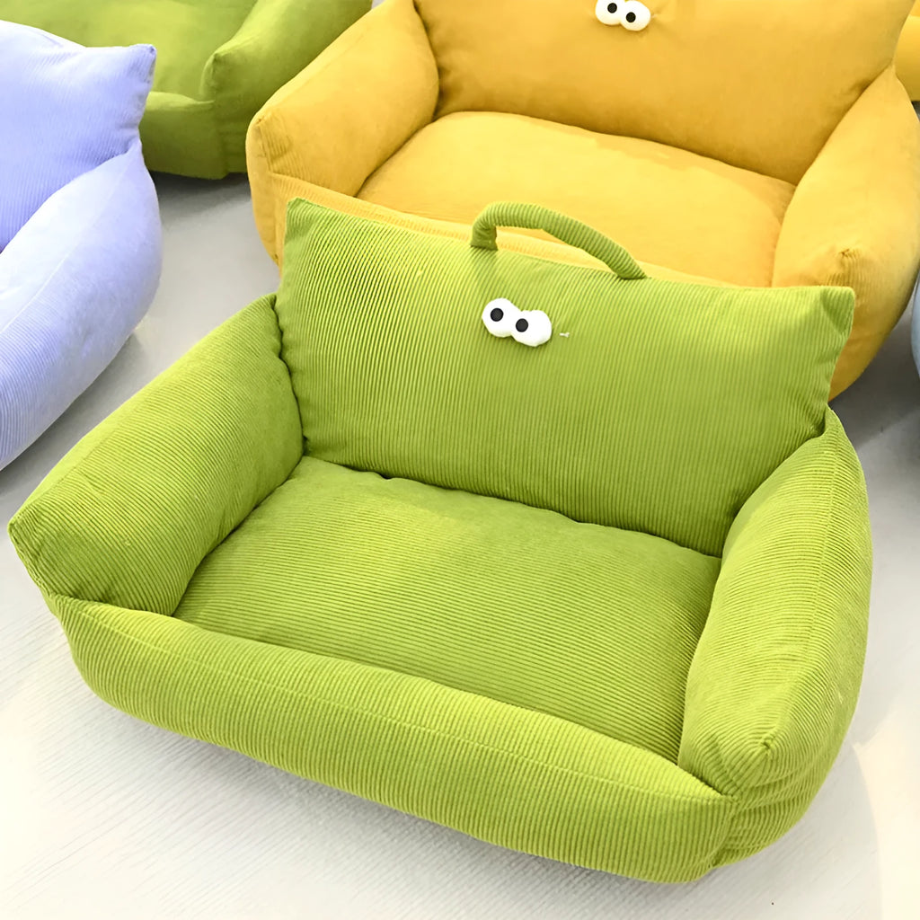 Cartoon big eye pet bed in moon velvet fabric with pp cotton filling, available in four colours