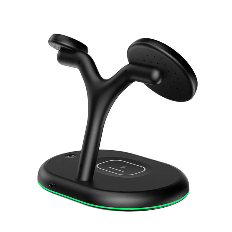 Black magnetic wireless charging station with vertical phone stand and USB-C cable